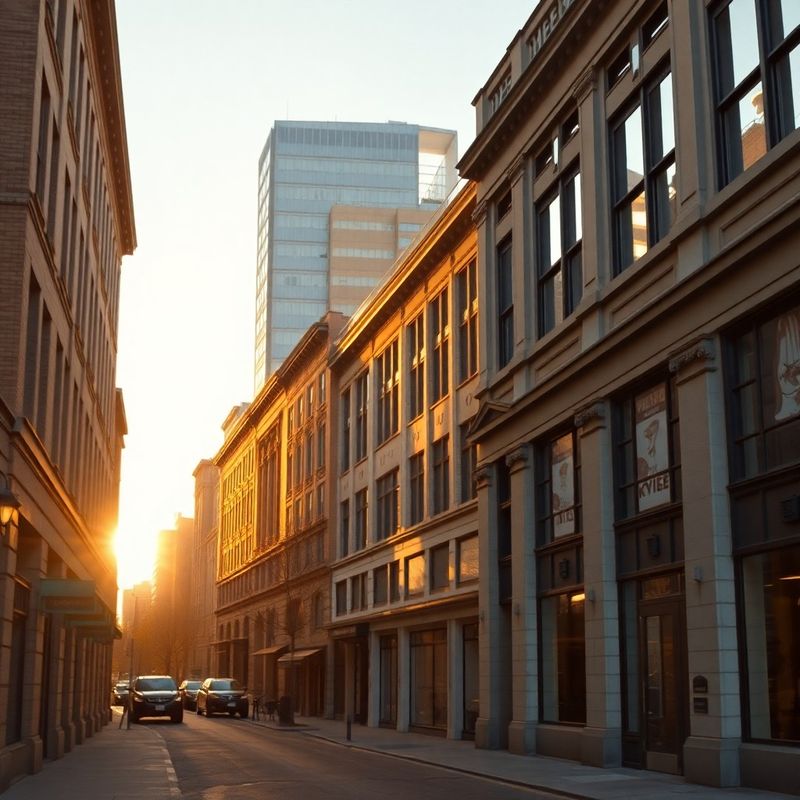 Winnipeg's Exchange District at golden hour, amber light on limestone facades