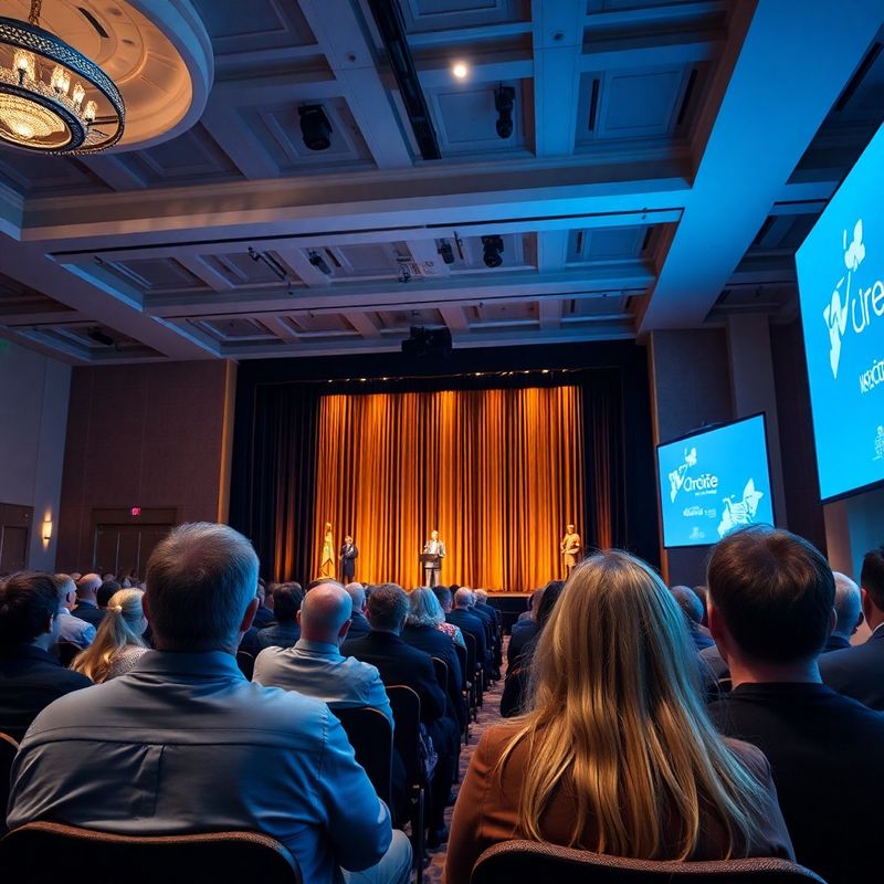 Corporate conference keynote stage in a Winnipeg convention centre with amber stage lighting