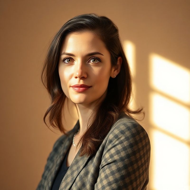 Studio portrait of a professional woman in warm amber continuous lighting