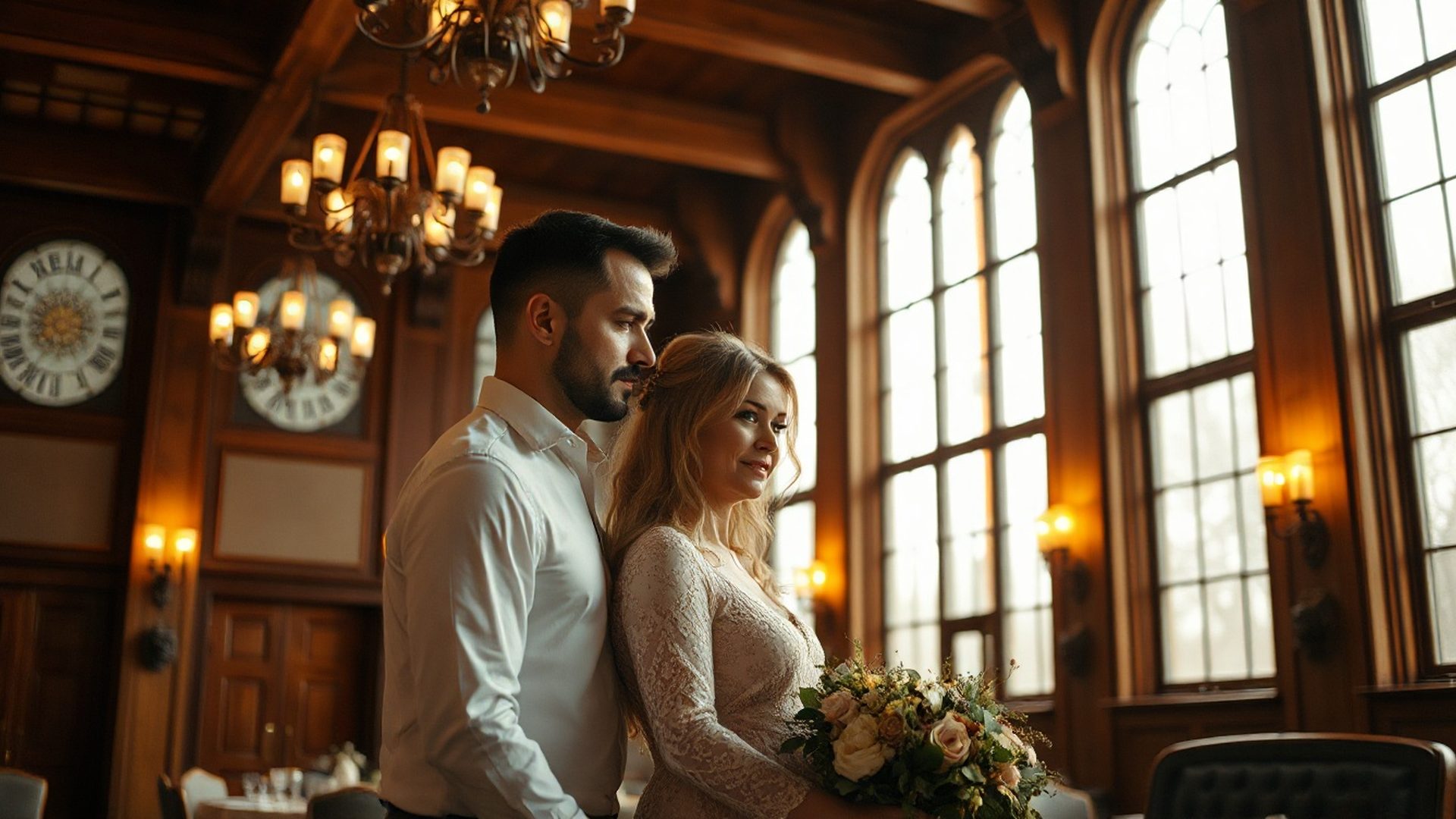 A couple in a Winnipeg heritage ballroom lit by amber-gold window light
