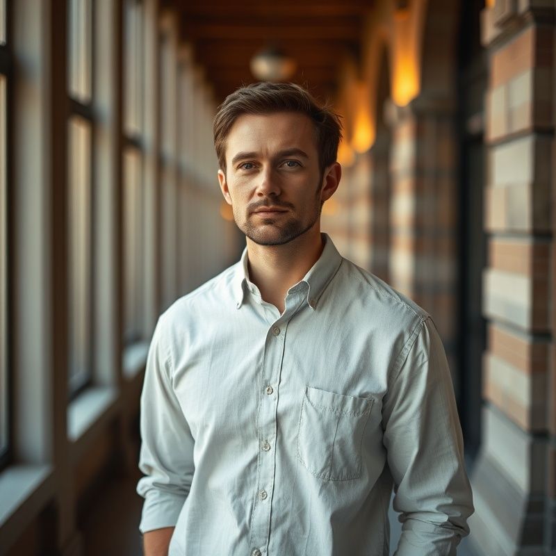 A portrait subject in a Winnipeg Exchange District corridor with directional amber morning light