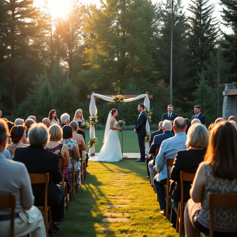 Wedding ceremony in a Winnipeg outdoor garden lit by golden-hour amber light